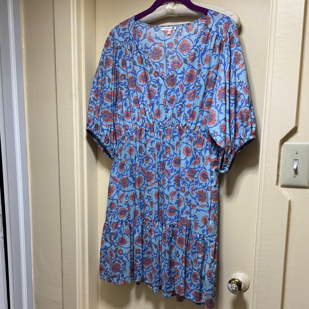 Sundry Floral Print Midi Dress in Blue and Red